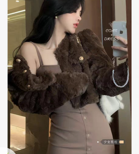 法式复古套装女小香风毛绒外套春季吊带连衣裙...