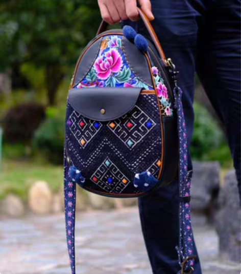 包邮定制款进口牛皮纯手工缝制的织锦松桃老绣...