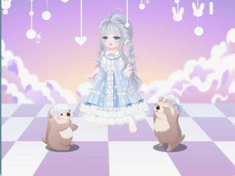 奥比岛甜蜜兔水晶帘子1 甜蜜兔淡紫格子背景...