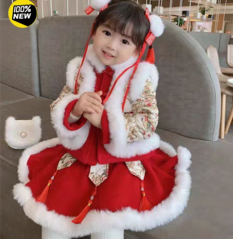 包邮新款拜年服女童加厚汉服中国风套装新年冬...