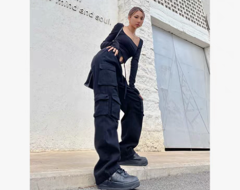 转卖野生zero黑色直筒工装裤女春秋季高街...