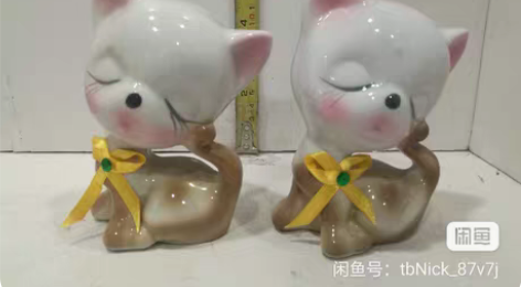 八九十年代喷彩卡通猫咪，小丑摆件两对  老...
