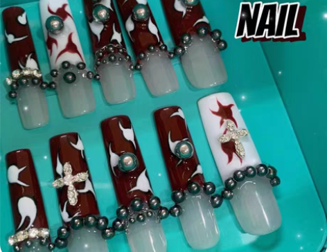 包邮撞色荆棘金属银法式 手绘美甲欧美辣妹穿...