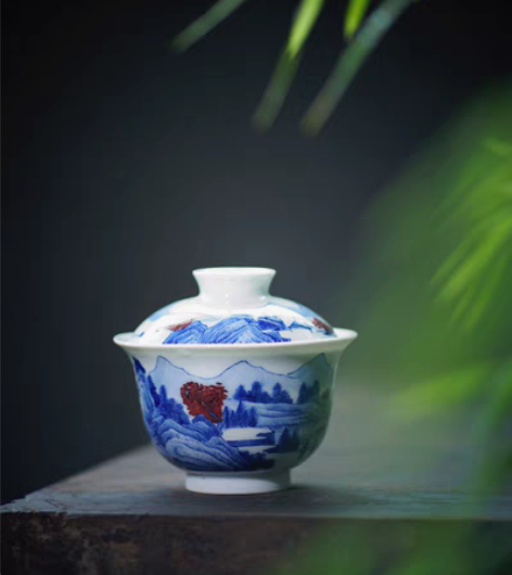 包邮妙挚窑 青花釉里红?山水  访友图 精...
