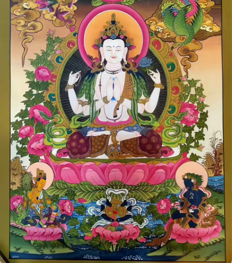 尼泊尔手绘唐卡四臂观音 画心48×65.5...