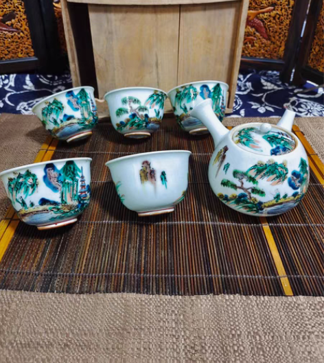 包邮日本回流，老九古彩釉，堆釉，手绘山水人...