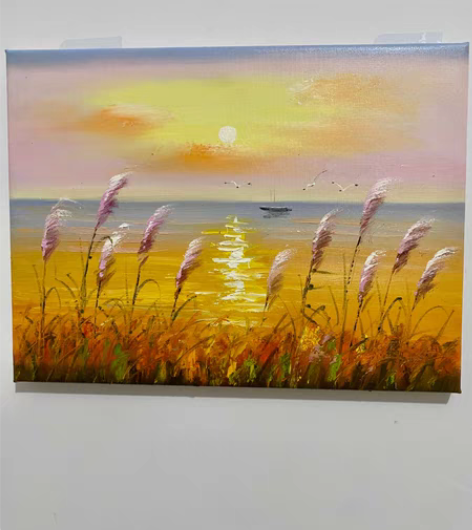 包邮手绘油画芦苇荡芦苇草丛朝阳日出 夕阳日...