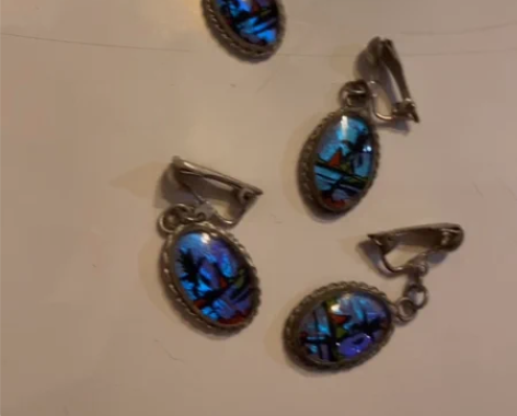 大蓝闪蝶vintage手绘风景耳夹 耳环耳...