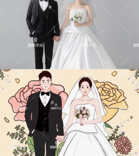 包邮手绘婚礼请柬备婚婚纱照手绘婚纱手绘头像...