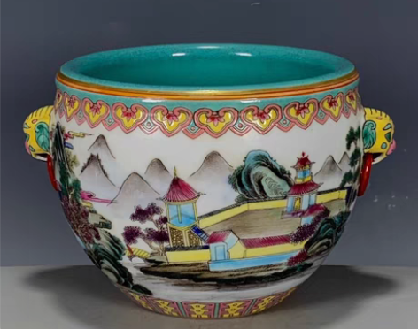 包邮古董古玩旧货老货大清乾隆年制珐琅彩山水...