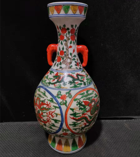 包邮瓷器陶瓷摆件五彩瓷器开窗龙纹象耳瓷瓶 ...