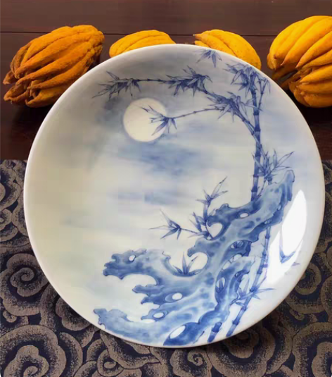 景德镇青花寿山石竹子月景高足壶承盘，纯手工...