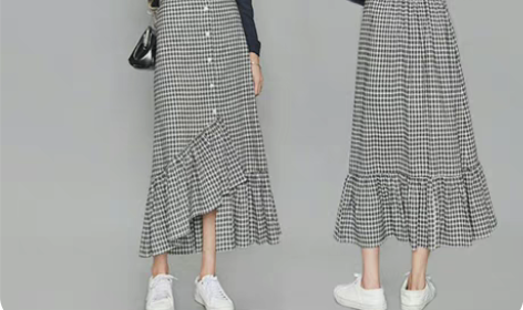 春夏新款韩版格子鱼尾裙小个子高腰显瘦不规则...