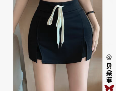 转卖黑色抽绳半身裙女夏高腰a字辣妹开叉包臀...