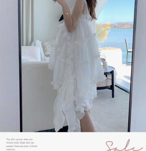 仙女裙子气质超仙小个子白色不规则蛋糕裙吊带...