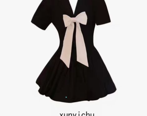 转卖蝴蝶结连衣裙女夏黑色收腰v领学院风高腰...