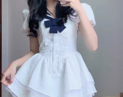 转卖法式泡泡袖辣妹纯欲海军领连衣裙女夏高级...