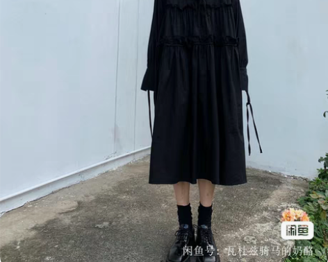 春季长袖重工套头压褶绑带系带蛋糕裙高腰纯色...