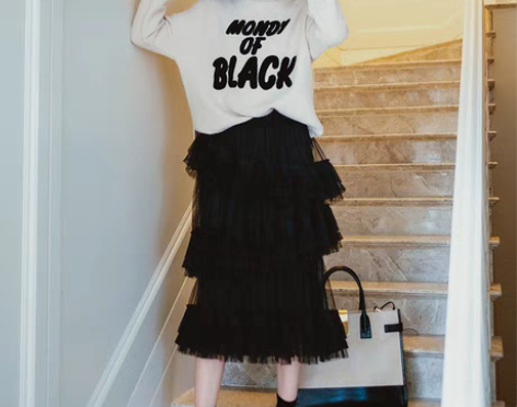 转卖王东边缘线蛋糕裙半身裙女四季款黑色网纱...