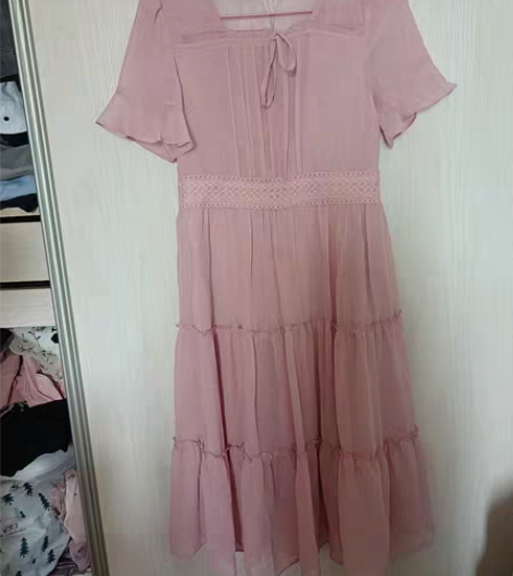 包邮浅粉色雪纺连衣裙,宫廷公主风蛋糕裙,方...