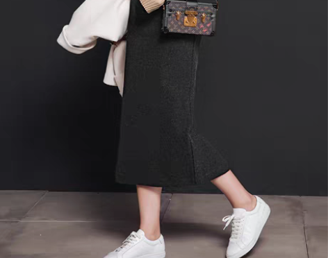 转卖【七格格秋装开衩高腰铅笔裙毛呢修身显瘦...