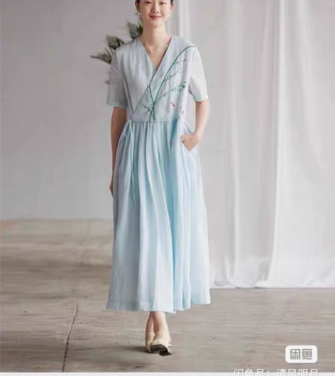 转卖如也原创设计改良汉服大摆绣花系带苎麻连...