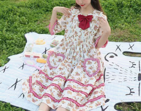 转卖霓虹姑姑原创自制新款古着小熊连衣裙夏学...