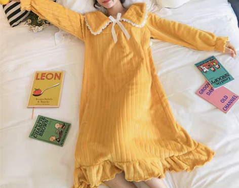 转卖韩版公主风睡衣女秋冬法兰绒中长款大码长...