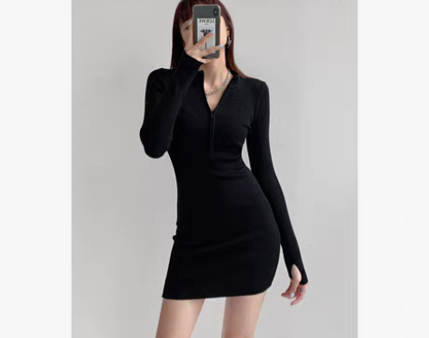 转卖性感辣妹风拉链半高领包臀短裙女秋冬长袖...