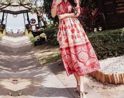 包邮海边度假气质印花长裙女夏雪纺宽松显瘦连...