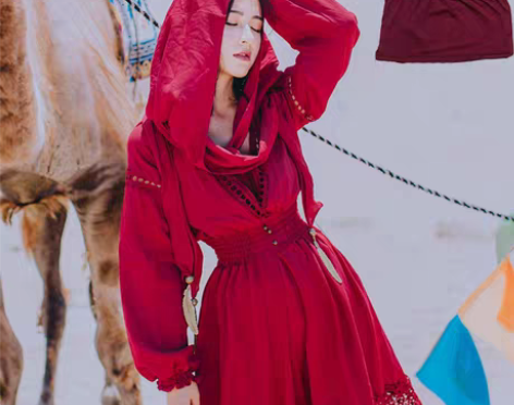 转卖民族风复古棉麻显瘦连衣裙青海湖红色旅拍...