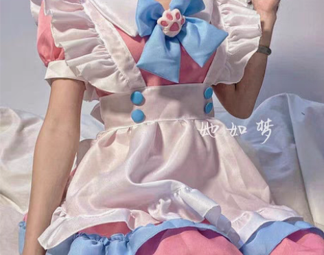 包邮白菜价女仆装粉蓝色猫爪蝴蝶结可爱洛丽塔...