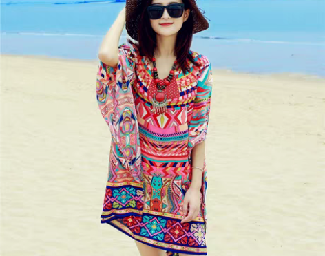 转卖巴厘岛裙子民族风大码显瘦V领印花短袖连...