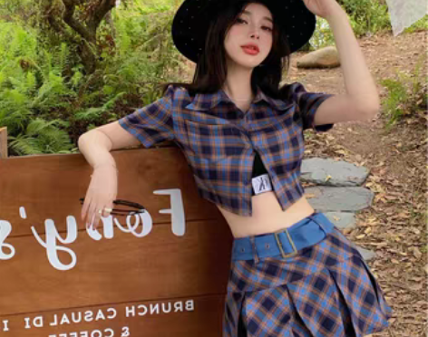 转卖辣妹格子衬衫女夏季港风复古修身别致上衣...
