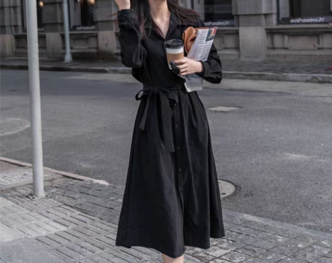 转卖风衣黑色衬衫连衣裙女春秋新款御姐港风灯...