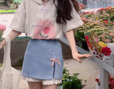 转卖花猪商店 牛仔短裤a字开叉显瘦裙裤 裙...