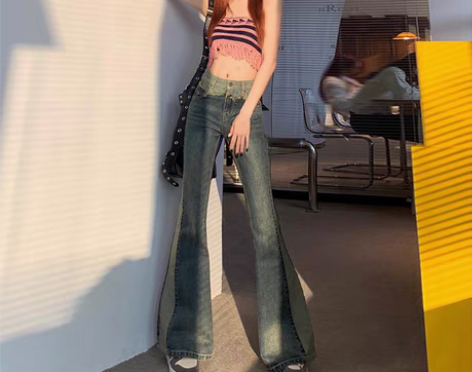 转卖弄格复古拼接喇叭牛仔裤女设计感2023...