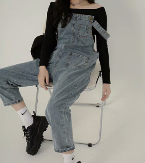 包邮做旧复古宽松背带牛仔老爹裤直筒裤哈伦裤...