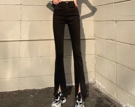 转卖黑色高腰开叉牛仔裤女2021年秋装新款...