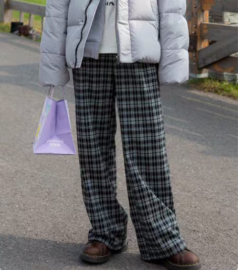 高腰显瘦显腿长羊绒感针织格纹直筒休闲裤，L...