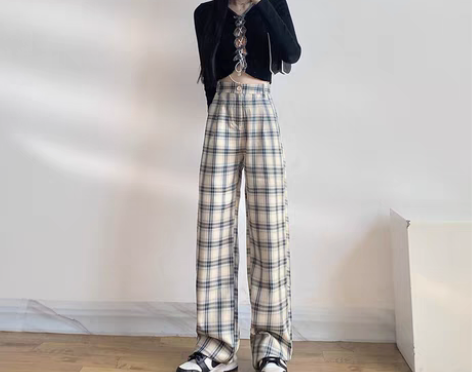 转卖安安好 格子裤女夏垂感薄款小个子高腰直...