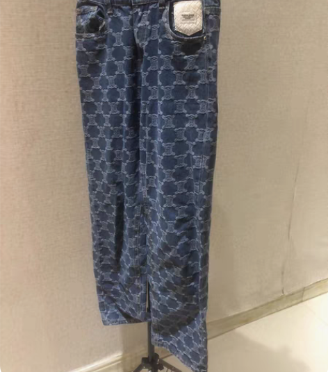 包邮提花蓝色牛仔裤女印花宽松直筒阔腿裤 感...