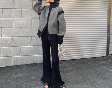 转卖ICELOLLY黑色高腰休闲针织裤女秋...