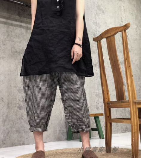 包邮特 亏米福利 格子棉麻裤女22夏款松紧...
