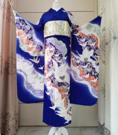 包邮振袖和服蓝色飞鹤日本制正统旗袍汉服布料...