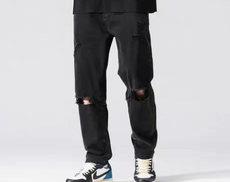 包邮黑色破洞牛仔裤男生夏季薄款美式高街乞丐...