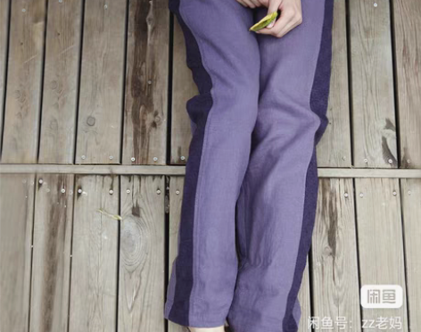 包邮素缕 中腰宽松拼接提花面料休闲裤女 棉...