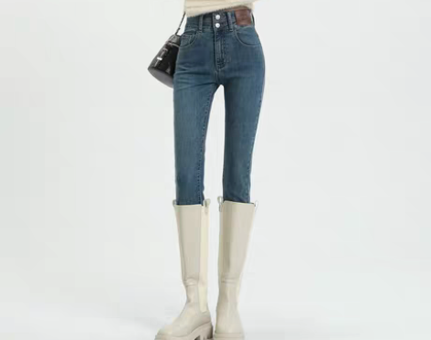 转卖高腰小脚牛仔裤女2022年秋冬新款加绒...