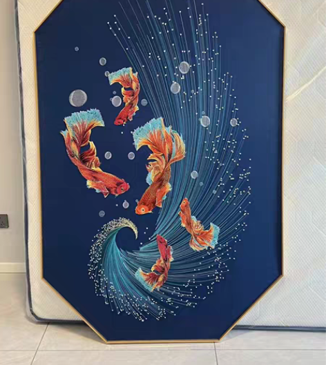 全新鱼图装裱刺绣画,五鱼活灵活现,寓意年年...