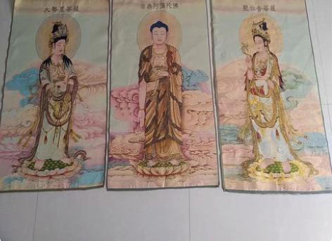 包邮刺绣佛像 唐卡画 西方三圣 金丝刺绣画...